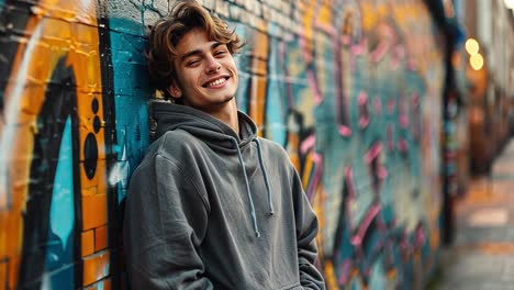 smiling young man leaning against graffiti wall