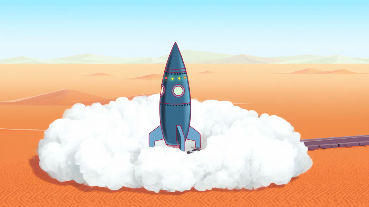 Animated Rocket Blasting Off from a Red Desert Landscape