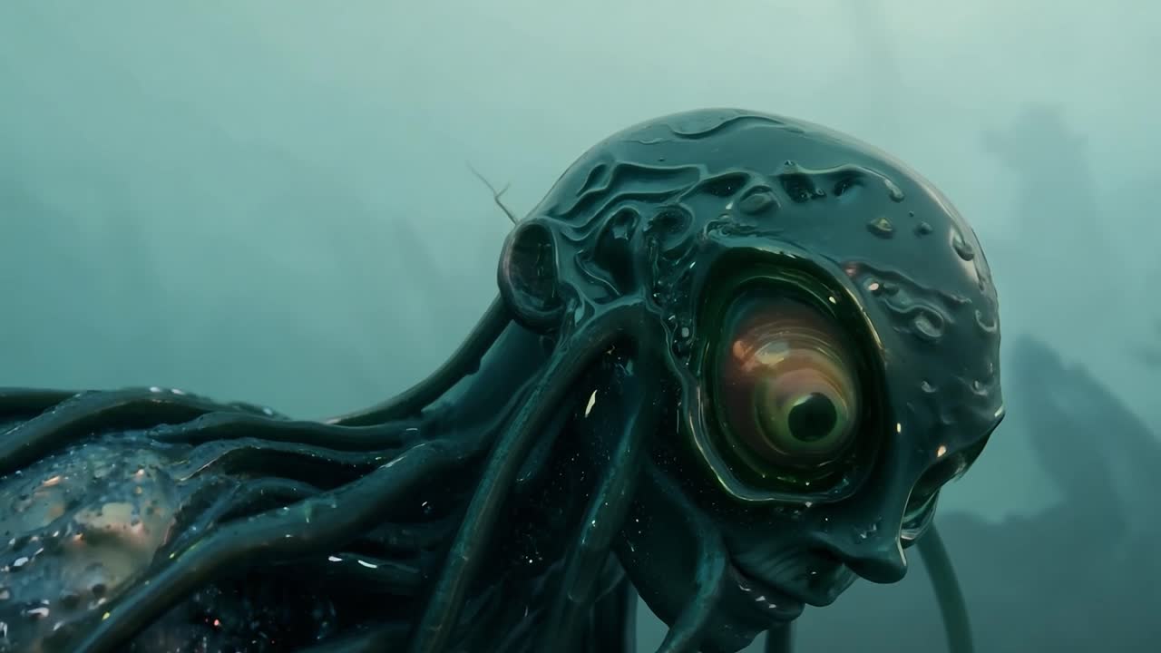 un ser extraterrestre con piel brillante y tentáculos está girando la cabeza y observando el entorno.