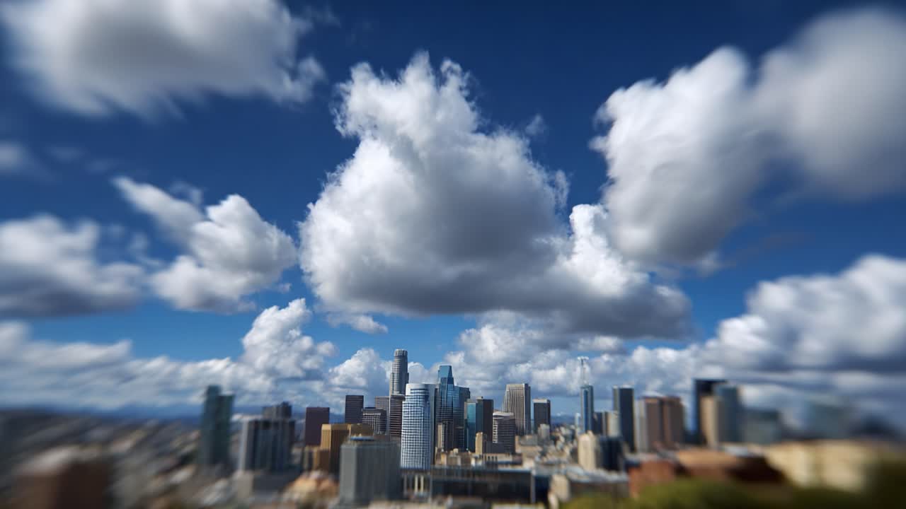 Dynamic City Skyline Under Expansive Blue Sky with Fluffy White Clouds, Capturing a Vivid Urban Landscape in a Beautiful Atmosphere of Daylight