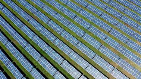 Rows-of-solar-panels-in-a-green-field-seen-from-above-on-a-sunny-day