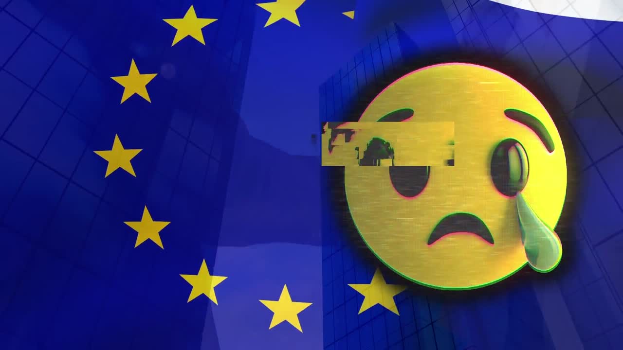 animación del icono emoji y la bandera de la ue sobre el paisaje urbano