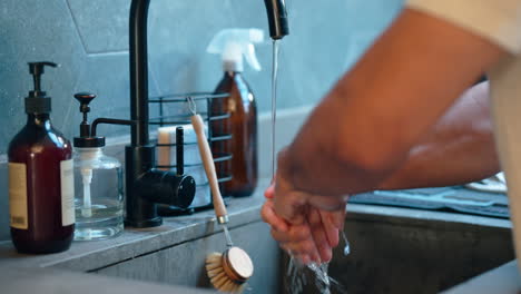 man washing hands, water or bacteria cleaning