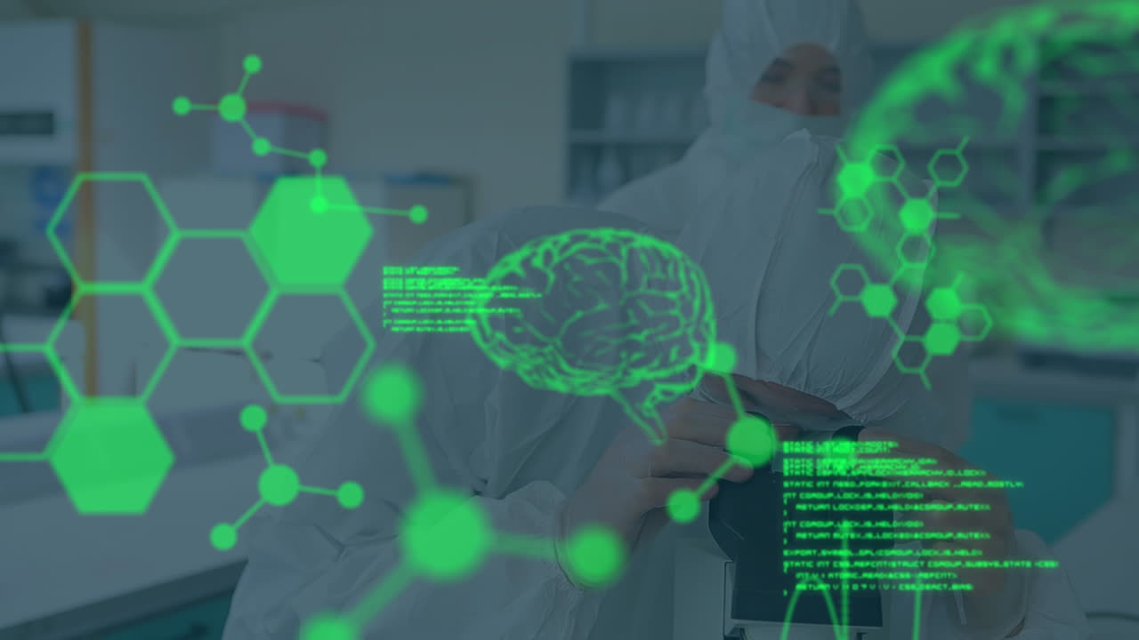 animación del procesamiento de datos científicos sobre dos científicos que llevan uniforme de seguridad en el laboratorio