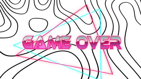 game over gradient pink text glowing over crossing neon triangles, overlaying black contour lines
