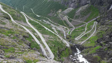 Trollstigen-Mountain-Pass,-Norway---Scenic-Route-with-Hairpin-Turns-in-Romsdalen-Valley---Aerial