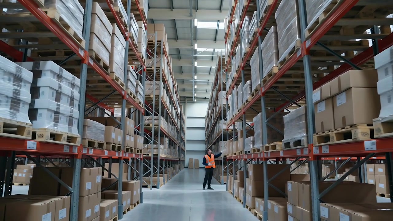 Durante un inventario, un lavoratore con giubbotto arancione usa un tablet e ispeziona le etichette sugli scaffali in un magazzino.