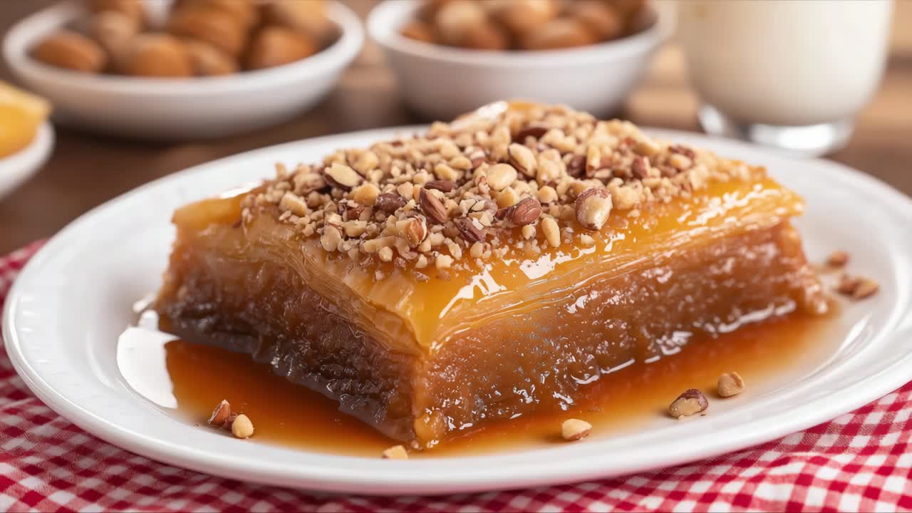 Honey drenched baklava on white plate