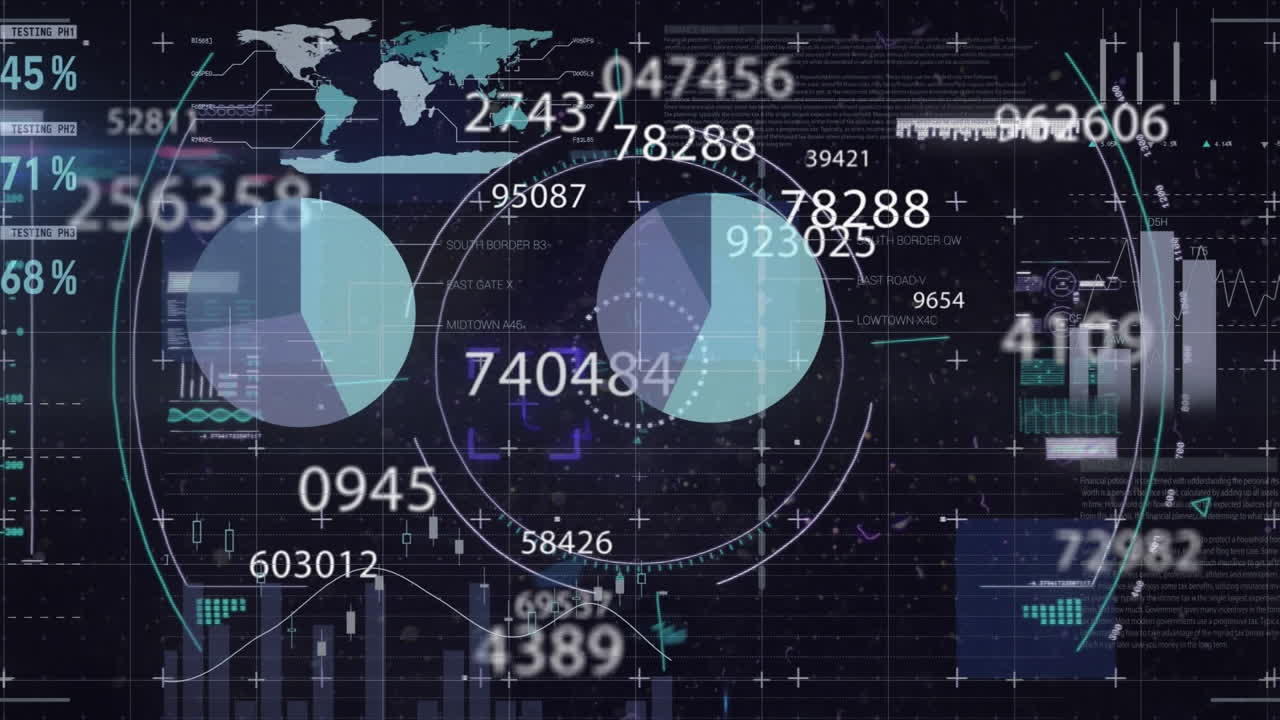 Animation of light trails and changing numbers and scope scanning over statistical data processing