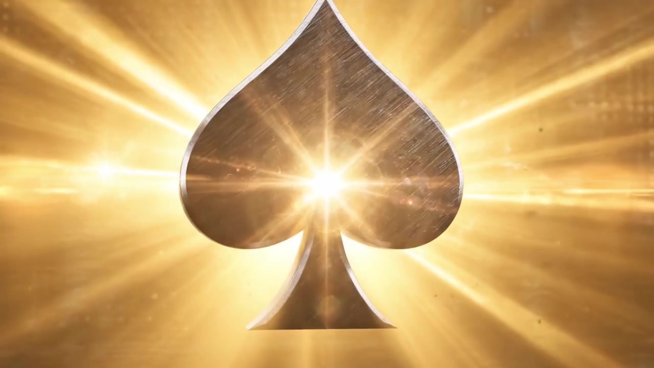 Dramatic Transformation of a Sleek Black Spade Playing Card Symbol Illuminated by a Glowing Background, Highlighting Its Shiny Surface and Luxurious Design
