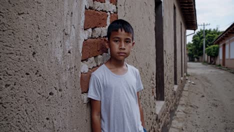 young boy leans against a brick wall, exuding a pensive mood in a calm village setting. simple yet expressive scene conveying introspection