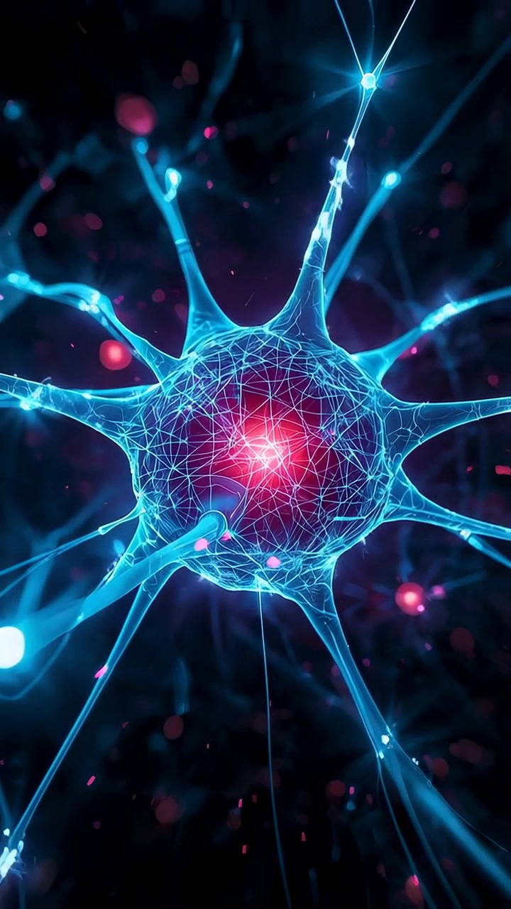 Vertical video: Pulsing red-core blue-lattice neuron sending glows along filaments in dark space