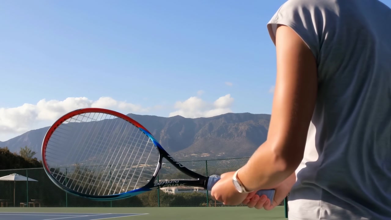 Bakfra-utsikt i midjehøyde av en tennisspiller som forbereder et tohånds slag, racketen vinklet over kroppen på en solfylt utendørsbane, med fjellbakgrunn, blå himmel, spredte skyer og åpent rom