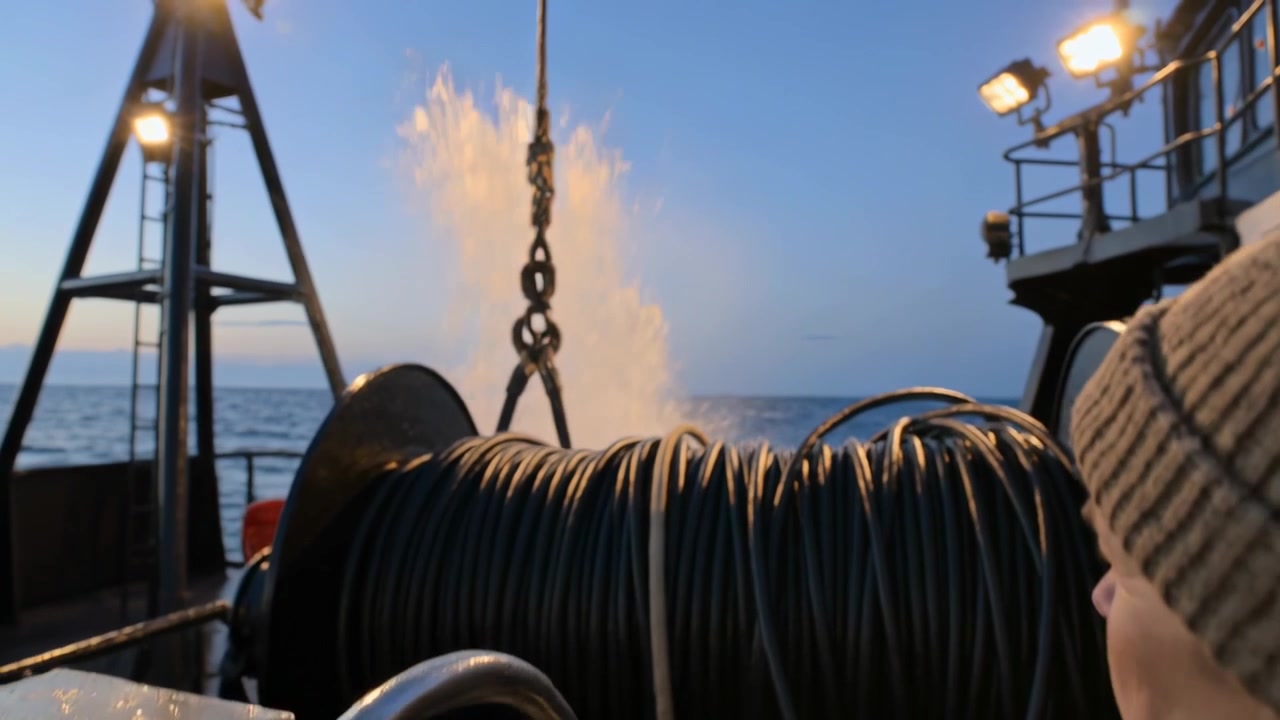 Grasping wheel, crew with beanie gloves turning reeling black cable onto winch stern, hauling hook