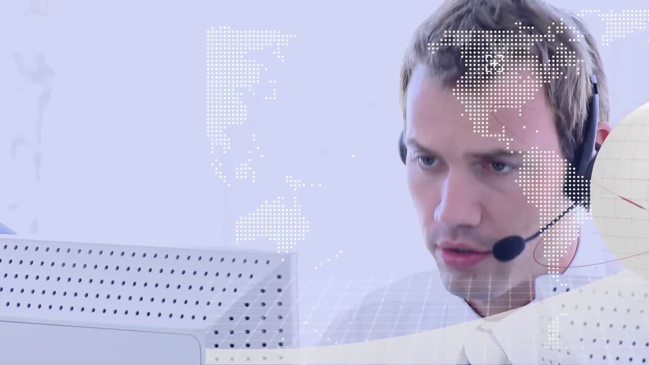 전화 헤드 ⁇ 을 사용하는 사업가에 대한 연결 네트워크와 함께 지구촌의 애니메이션