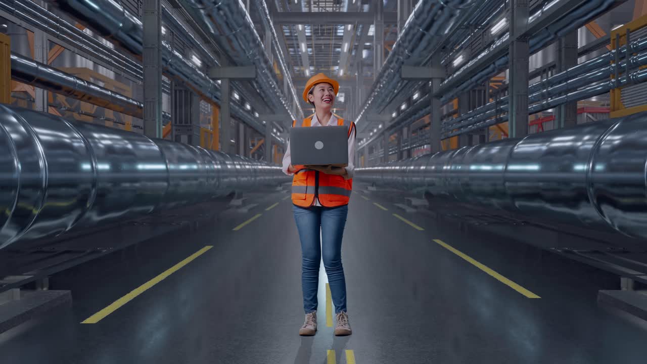 Full Body Of Asian Female Engineer With Safety Helmet Working On A Laptop And Looking Around While Standing With Metal Pipes