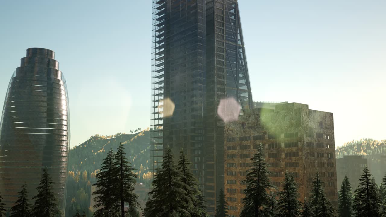 일몰 에 숲 과 초고층 건물 들