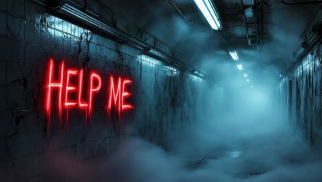 eerie corridor with glowing neon message and fog creating a suspenseful atmosphere
