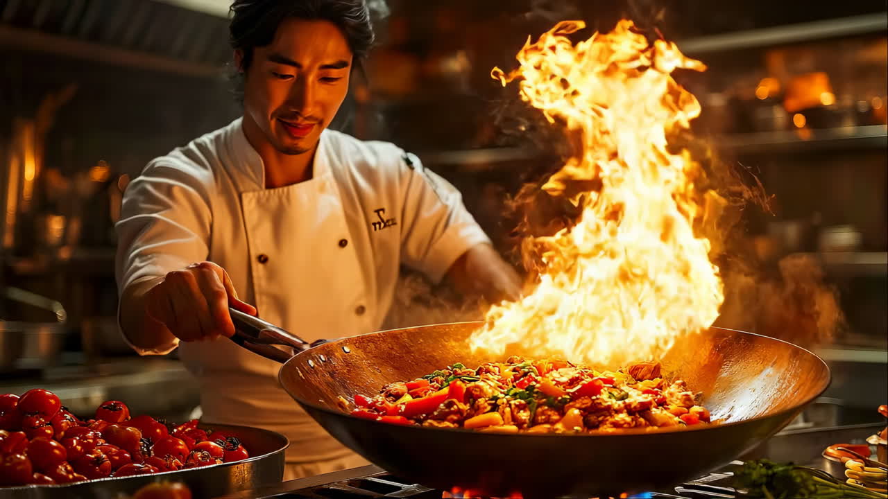 Uno chef cucina tra le fiamme in una cucina affollata. Uno chef cucina abilmente in una cucina vivace, usando le fiamme per creare un piatto fantastico e sorridendo concentrato.