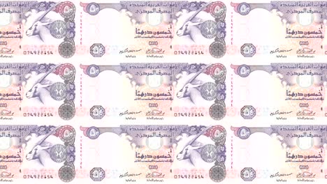 billetes de cincuenta dirhams árabes rodando en la pantalla, dinero en efectivo, bucle