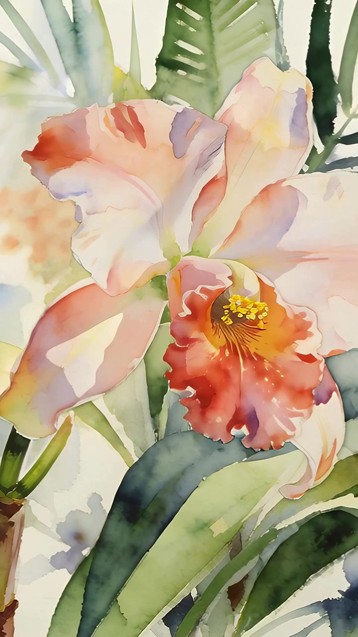 Video verticale: Telecamera che si allontana rivelando un'orchidea ad acquerello in studio, mostrando il dettaglio del labello.