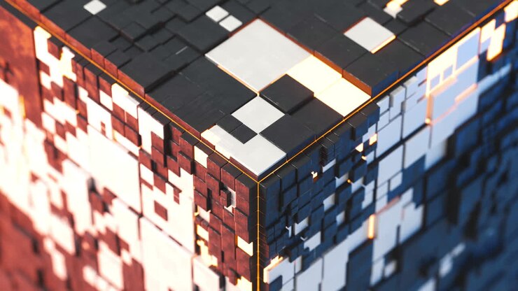 Cubes and materials, circuits structure, 3d rendering.
