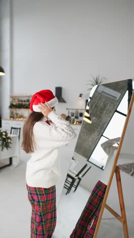 woman in christmas pajamas trying on santa hat