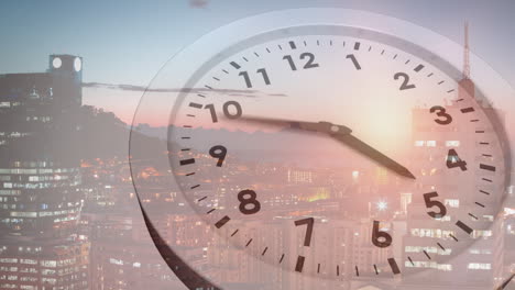 animation of clock face overlaying cityscape at dusk, blending time with urban life