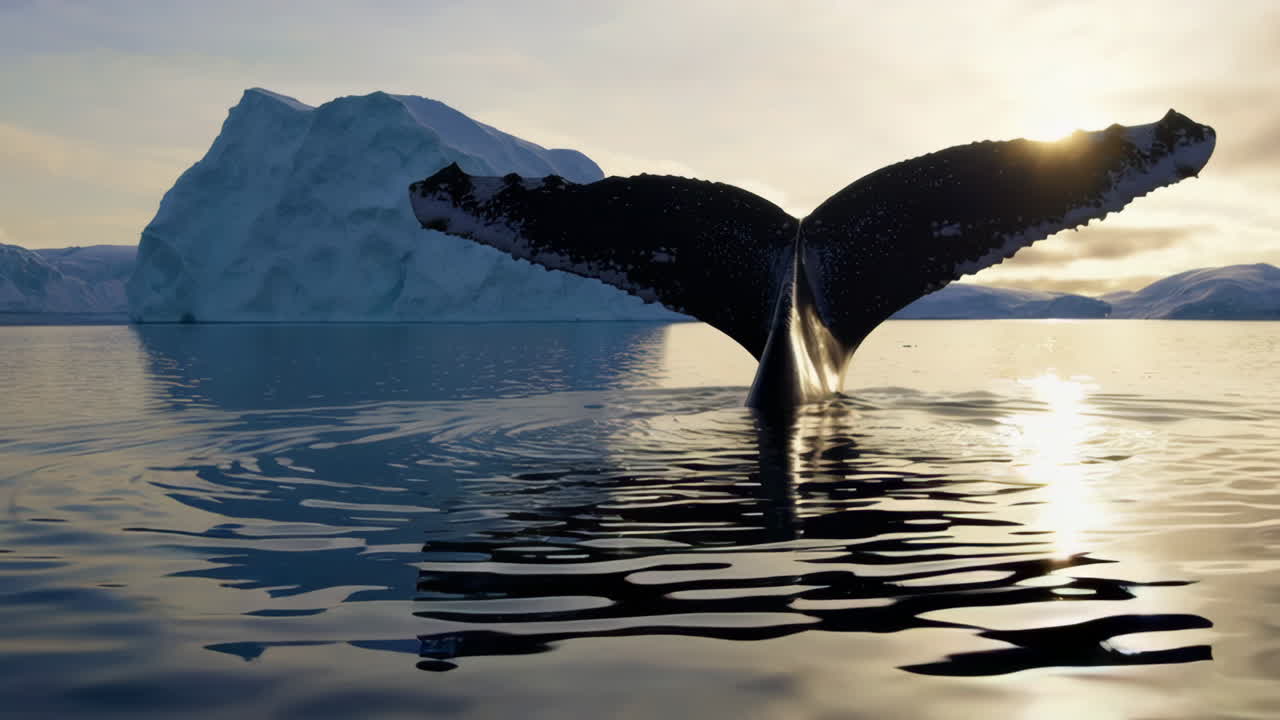 Whale Tail Emerges Near Iceberg in Polar Waters at Sunset