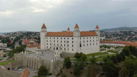 aerial establishing shot, bratislava castle in slovakia's capital city