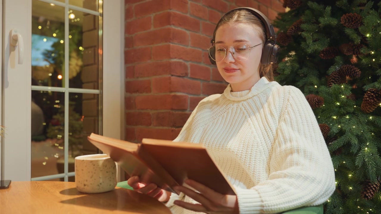 Young Woman Reading a Book and Listening to Music in a Cozy Setting
