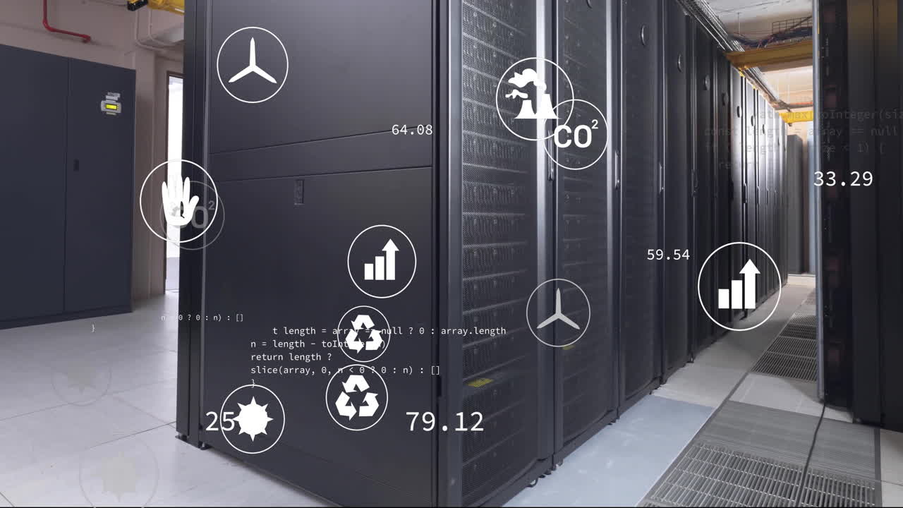 animación de iconos ecológicos, procesamiento de datos digitales a través de servidores informáticos