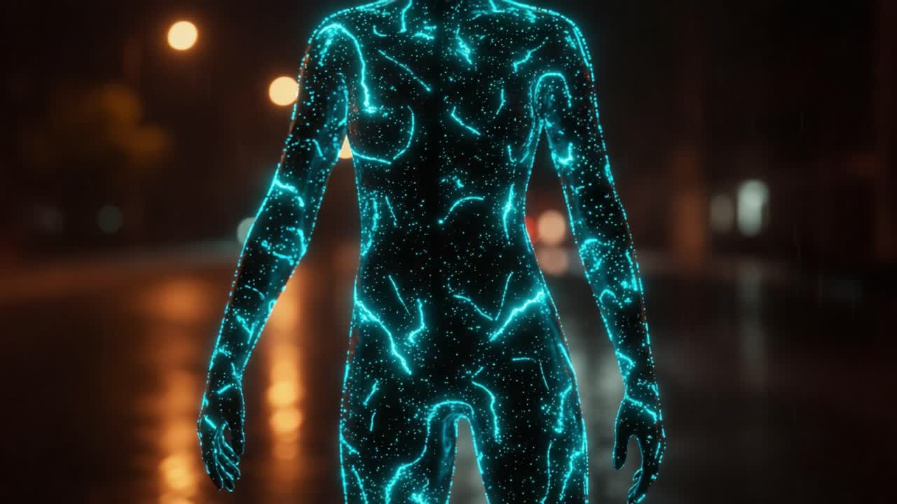 Futuristic Human Silhouette: An Ethereal Glowing Figure in Rainy Urban Night Setting Illuminated with Electric Blue Patterns and Starlit Texture