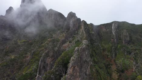 drone shot moving sideways at nuns valley in madeira.