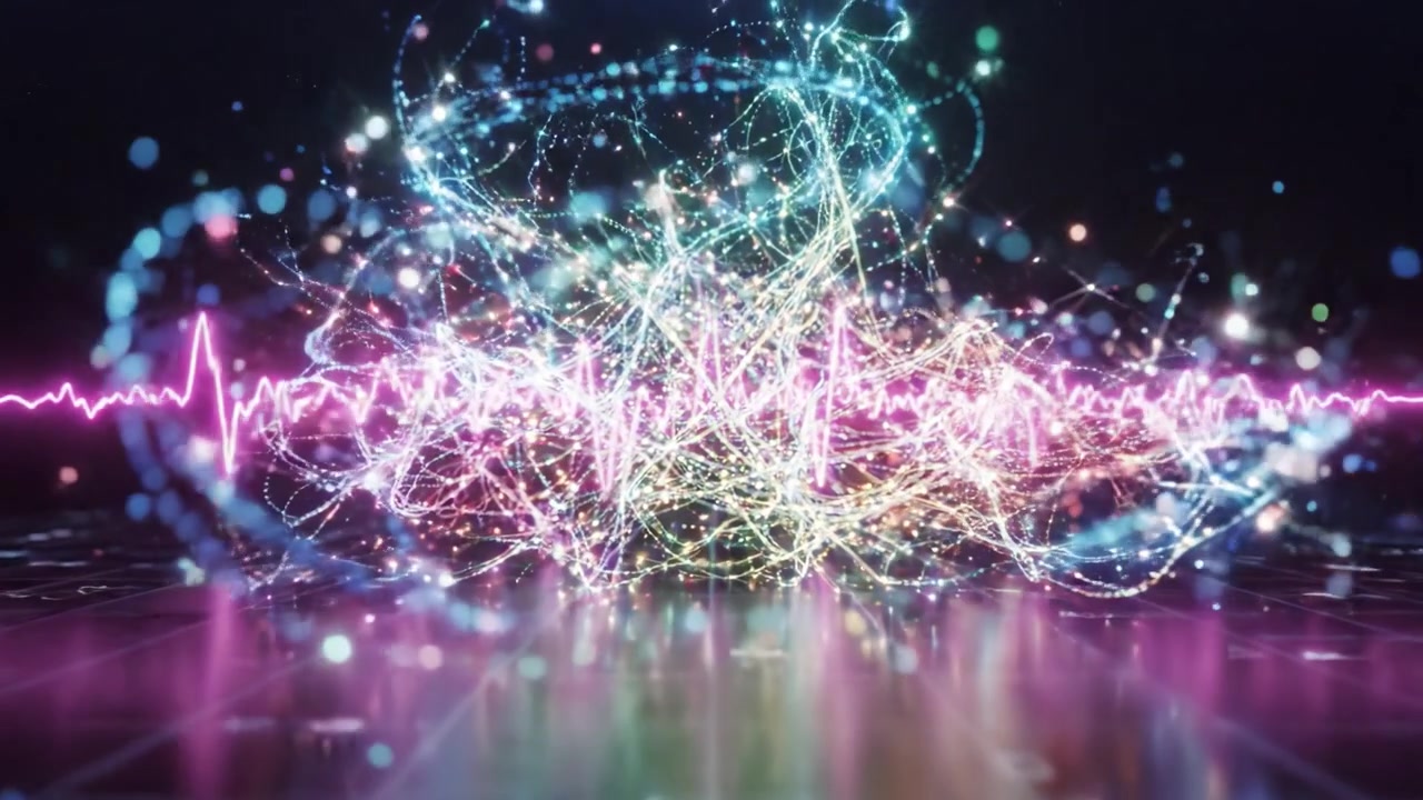 Una Rappresentazione Visiva delle Onde Sonore che Utilizza Vivaci Colori al Neon e Motivi Geometrici in un Ambiente Digitale Scuro