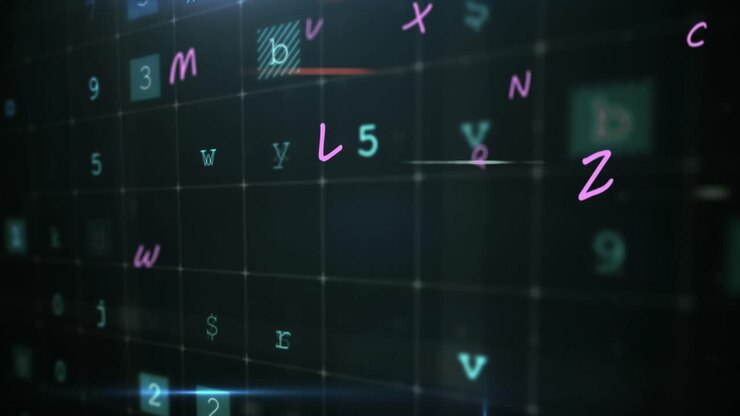 Animation of floating letters over scientific data processing