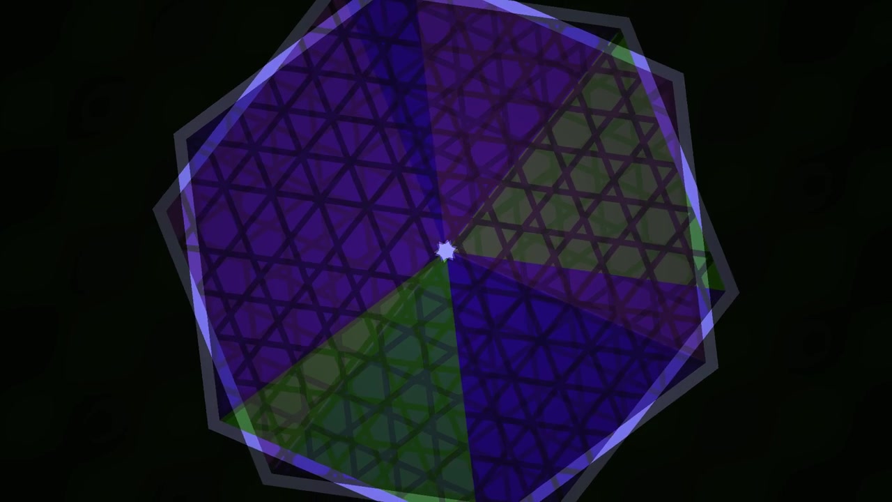 Hexagone rotatif avec motifs de triangles géométriques colorés et étoile centrale