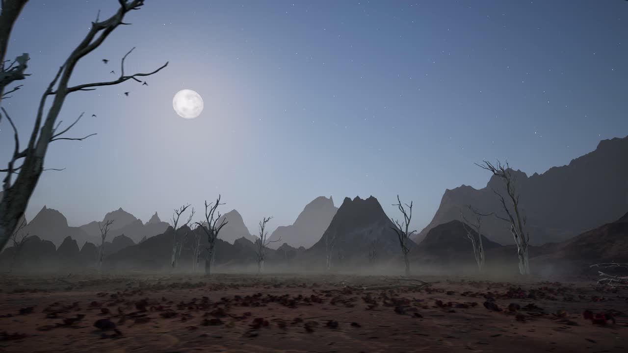 Ambiente desertico arido di notte, con alberi morti, nebbia, rami e foglie, uccelli che volano sopra, animazione 3D, scena animata, carrellata della telecamera a destra