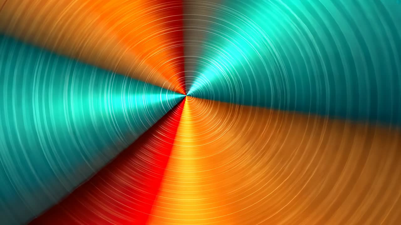 Rotating concentric rings with teal red orange gold wedges on neutral backdrop, creating shimmer