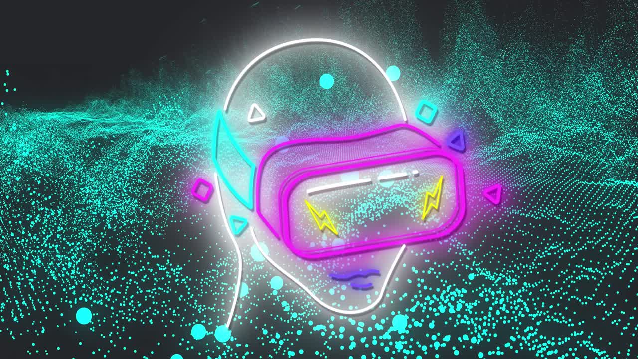 검은 바탕에 vr 헤드 ⁇ 을 가진 네온 헤드 모델의 애니메이션