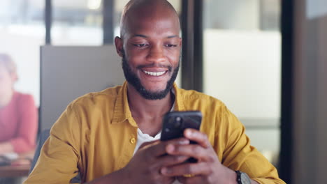 Black-man,-phone-and-office-chat-while-online