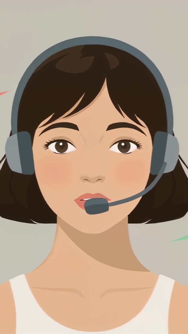 Video verticale: Donna avatar che parla con cuffie e top bianco su sfondo grigio, labbra che si aprono per assistere.