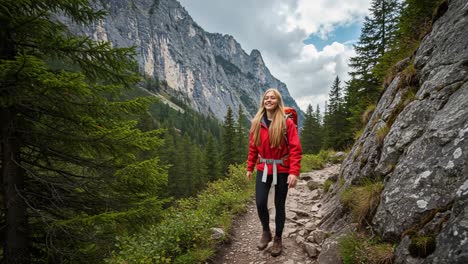 exploring nature's beauty: a young adventurer treks through a scenic mountain trail surrounded by lush greenery and majestic peaks