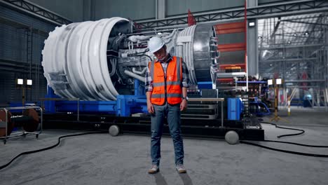full body of asian male engineer with safety helmet having a headache while working with airplane engine maintenance conducted, analytics checking the turbine