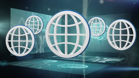 animation of globe icons over data processing on black background