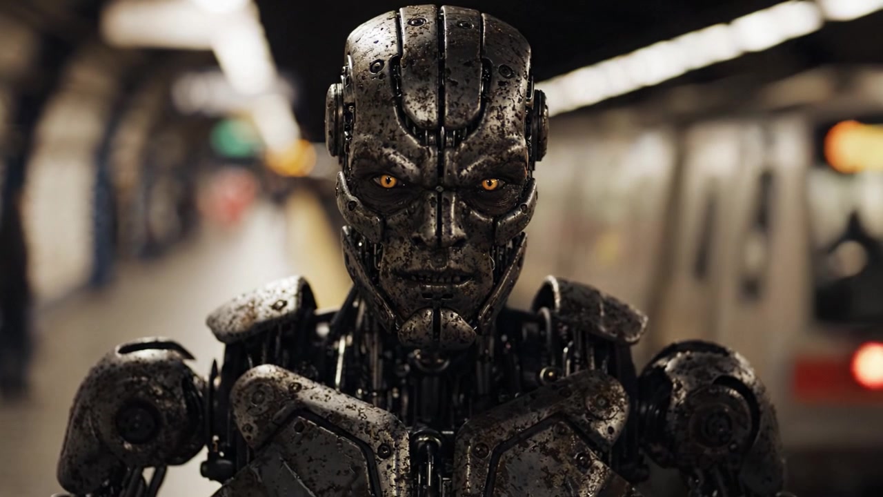 A menacing robotic figure stands in a subway station, illuminated by the dim lights and creating an eerie atmosphere of a futuristic world under urban scrutiny.