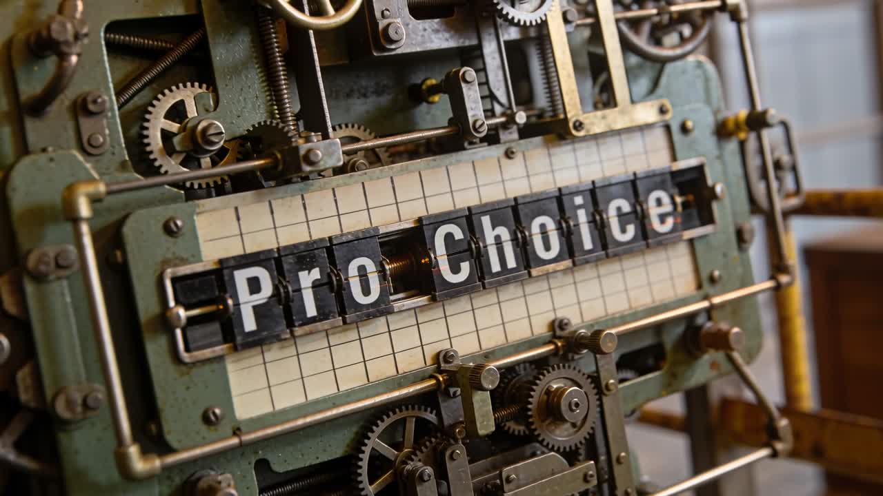 La telecamera si allontana, rivelando pannelli a scorrimento industriali con la scritta Pro Choice e ingranaggi che mostrano il meccanismo
