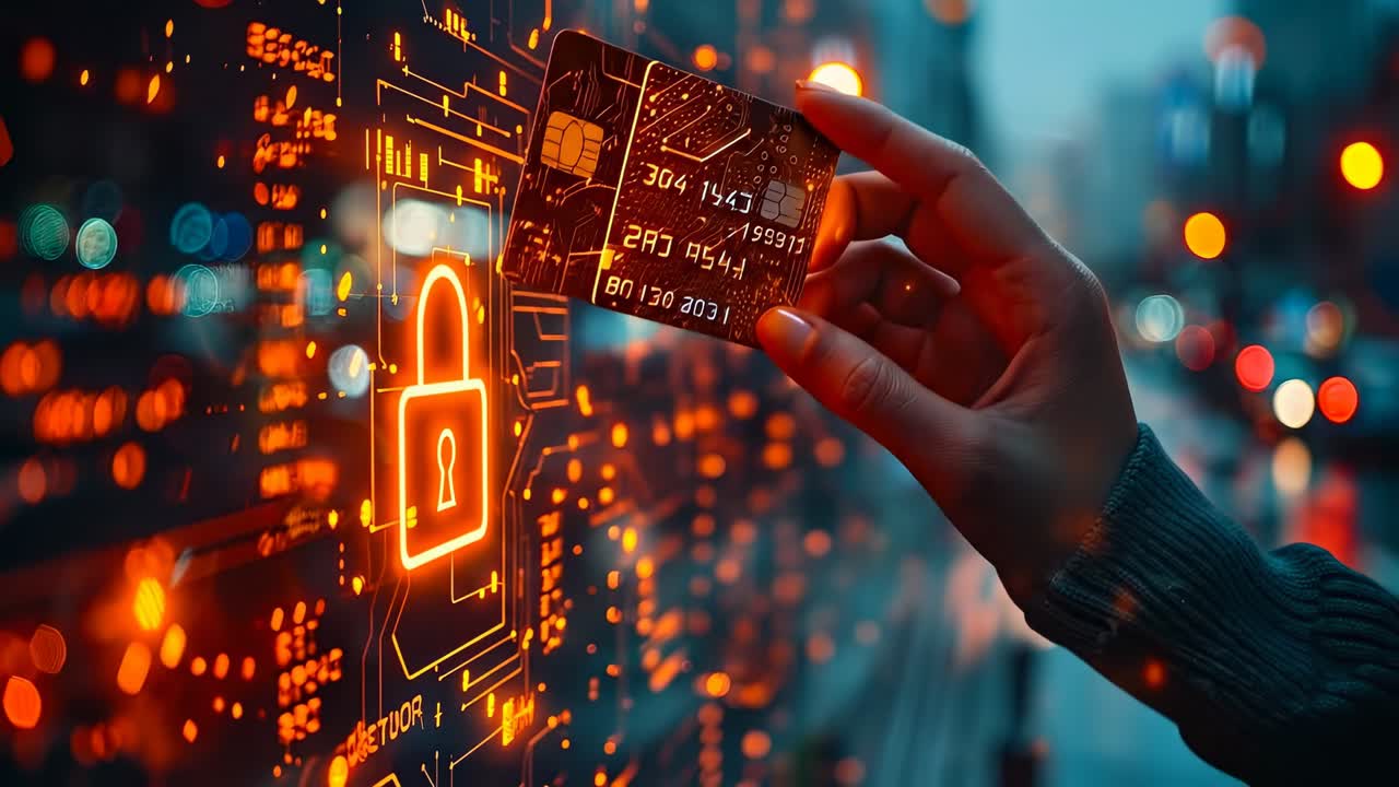 Night card with lock symbol. A person holds a card with a lock symbol in a busy city street at night