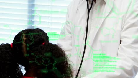 animation of computer language and hexagons over caucasian doctor examining girl in hospital