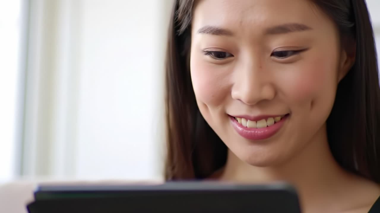 A young woman enjoys an engaging moment while using a tablet, showcasing a warm smile and lively expression, highlighting her connection with digital technology